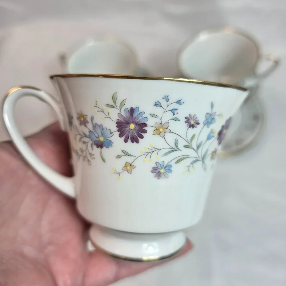 FOUR Noritake Longwood #2485 Cup & Saucer Sets Purple, Blue & Yellow Flowers